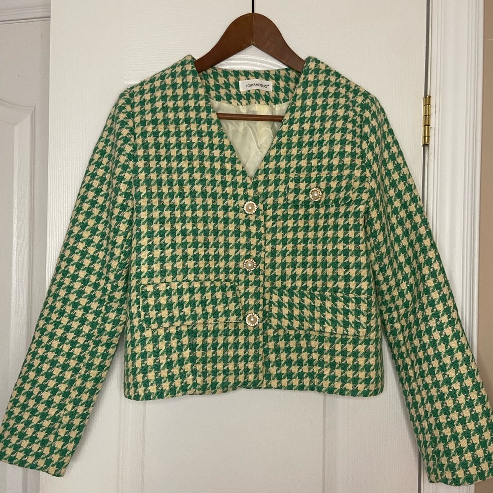 Youyameiduo Houndstooth Blazer with Fancy Button